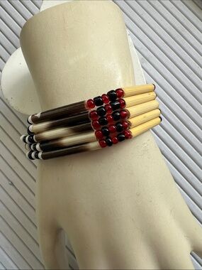 Handcrafted Bamboo Tube Bracelet with Red and Black Beads